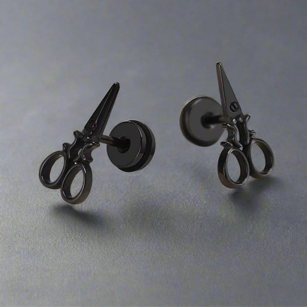 SCISSORS STUDS BLACK - Pure Titanium Steel Piercing Ear Earrings for Men & Boys (2 Pcs)