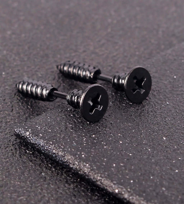 SCREWHEAD - BLACK - Pure Titanium Steel Ear Hoop Earrings for Men & Boys (2 Pcs)