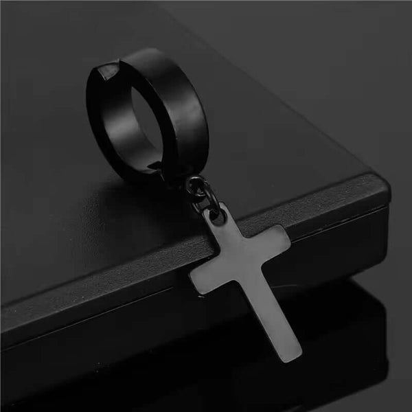 SHADOW CROSS - BLACK - Pure Titanium Steel Ear Hoop Earrings for Men & Boys (2 Pcs)