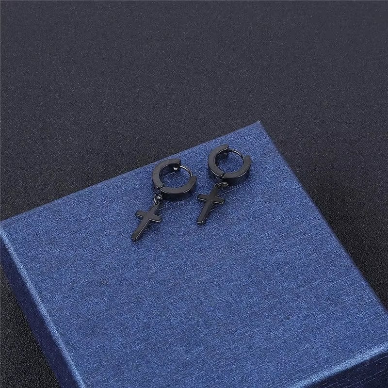 THE MEN THING Nose & Ear Ring Pair  (Both Ears) SHADOW CROSS - BLACK - Pure Titanium Steel Ear Hoop Earrings for Men & Boys (2 Pcs)