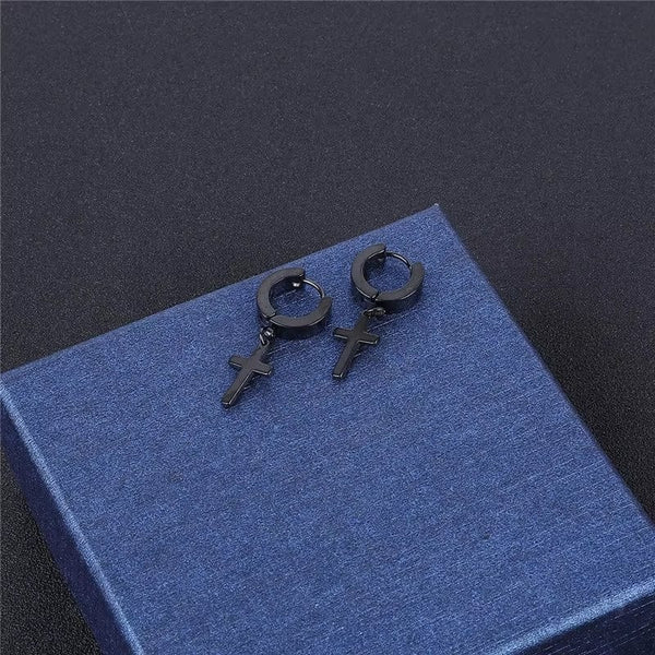 SHADOW CROSS - BLACK - Pure Titanium Steel Ear Hoop Earrings for Men & Boys (2 Pcs)