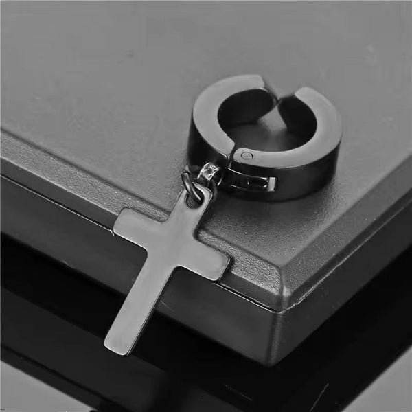 SHADOW CROSS - BLACK - Pure Titanium Steel Ear Hoop Earrings for Men & Boys (2 Pcs)