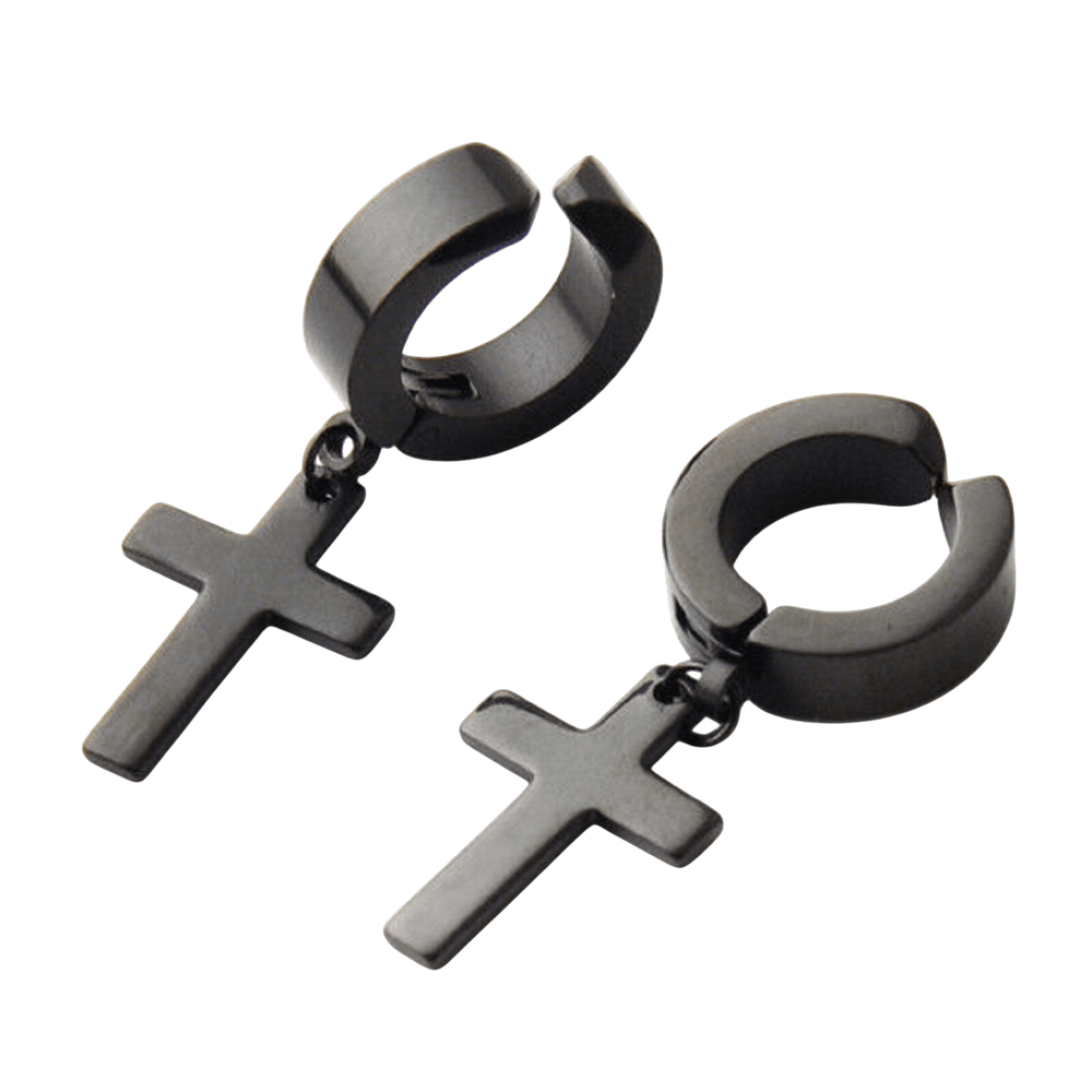 THE MEN THING Nose & Ear Ring Pair  (Both Ears) SHADOW CROSS - BLACK - Pure Titanium Steel Ear Hoop Earrings for Men & Boys (2 Pcs)