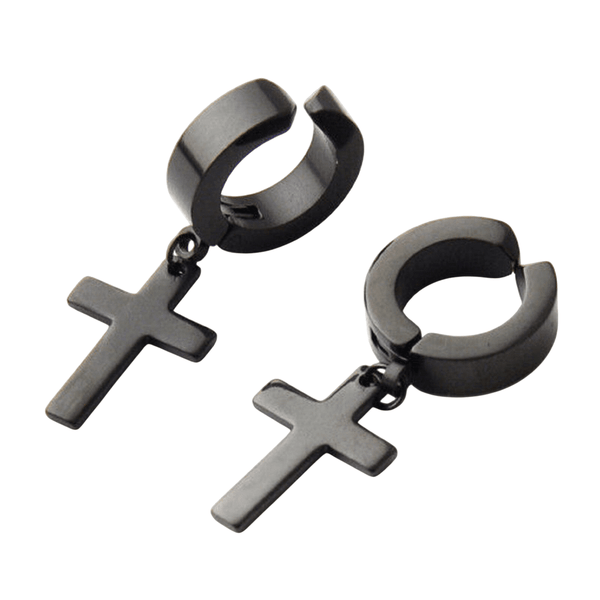 SHADOW CROSS - BLACK - Pure Titanium Steel Ear Hoop Earrings for Men & Boys (2 Pcs)