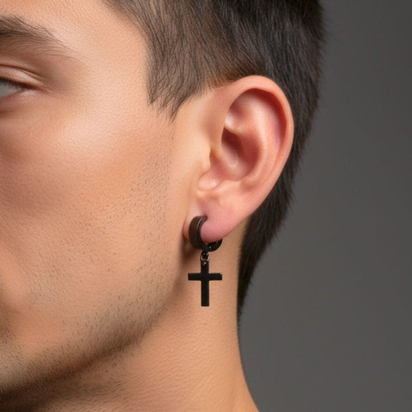 SHADOW CROSS - BLACK - Pure Titanium Steel Ear Hoop Earrings for Men & Boys (2 Pcs)