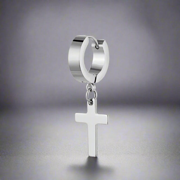 SHADOW CROSS  - SILVER - Pure Titanium Steel Ear Hoop Earrings for Men & Boys (2 Pcs)