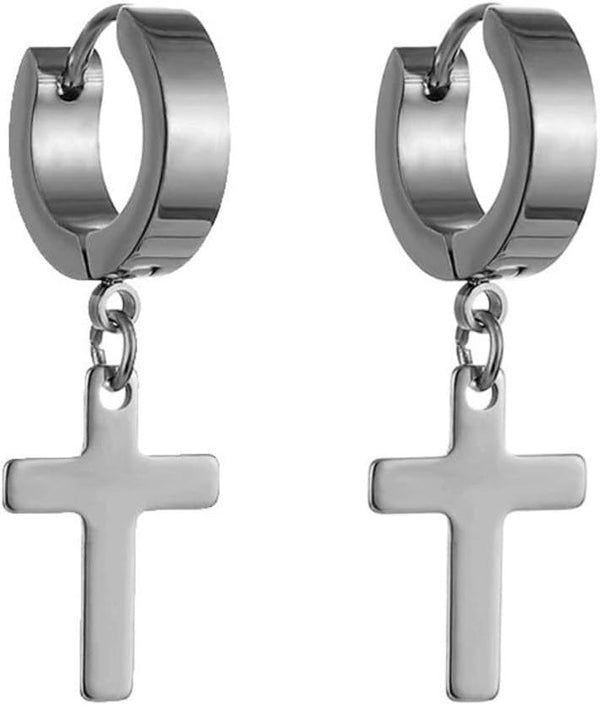 SHADOW CROSS  - SILVER - Pure Titanium Steel Ear Hoop Earrings for Men & Boys (2 Pcs)