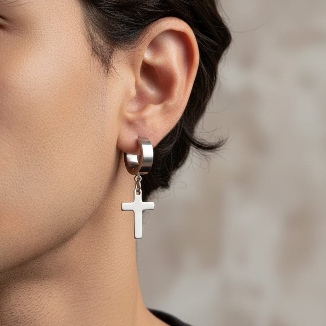 THE MEN THING Nose & Ear Ring Pair  (Both Ears) SHADOW CROSS  - SILVER - Pure Titanium Steel Ear Hoop Earrings for Men & Boys (2 Pcs)