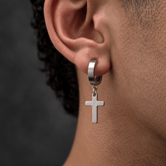 THE MEN THING Nose & Ear Ring Pair  (Both Ears) SHADOW CROSS - SILVER - Pure Titanium Steel Ear Hoop Earrings for Men & Boys (2 Pcs)