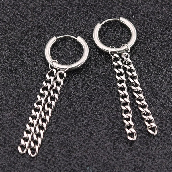 SILVER NOCTURNE LINK - 2mm Titanium Steel Hoop Earrings for Men & Boys (2 Pcs)