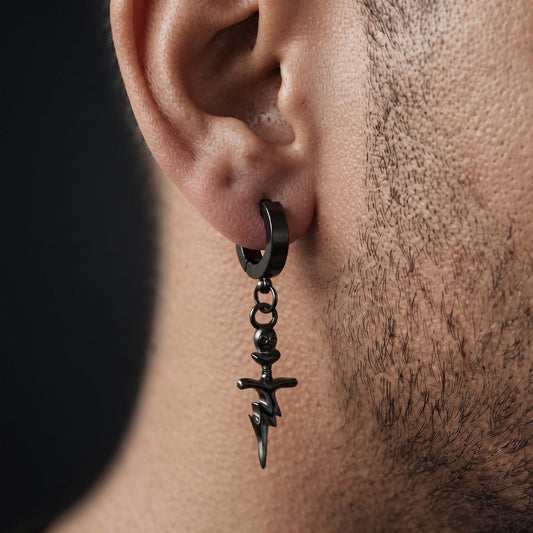 THE MEN THING Nose & Ear Ring Pair  (Both Ears) SKULL DAGGER BLACK - Pure Titanium Steel Ear Hoop Earrings for Men & Boys (2 Pcs)