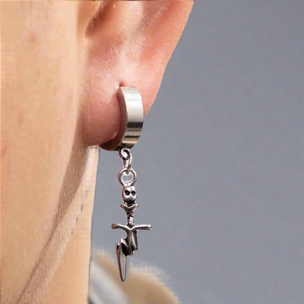SKULL DAGGER SILVER - Pure Titanium Steel Ear Hoop Earrings for Men & Boys (2 Pcs)