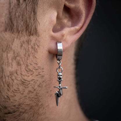 THE MEN THING Nose & Ear Ring Pair  (Both Ears) SKULL DAGGER SILVER - Pure Titanium Steel Ear Hoop Earrings for Men & Boys (2 Pcs)