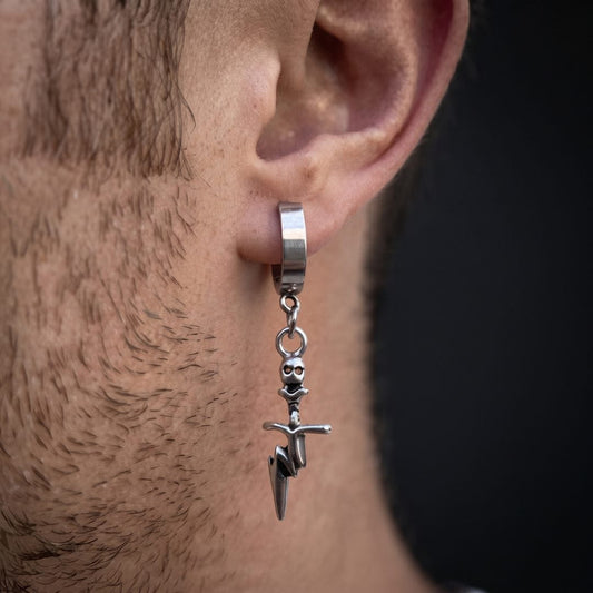 THE MEN THING Nose & Ear Ring Pair  (Both Ears) SKULL DAGGER SILVER - Pure Titanium Steel Ear Hoop Earrings for Men & Boys (2 Pcs)