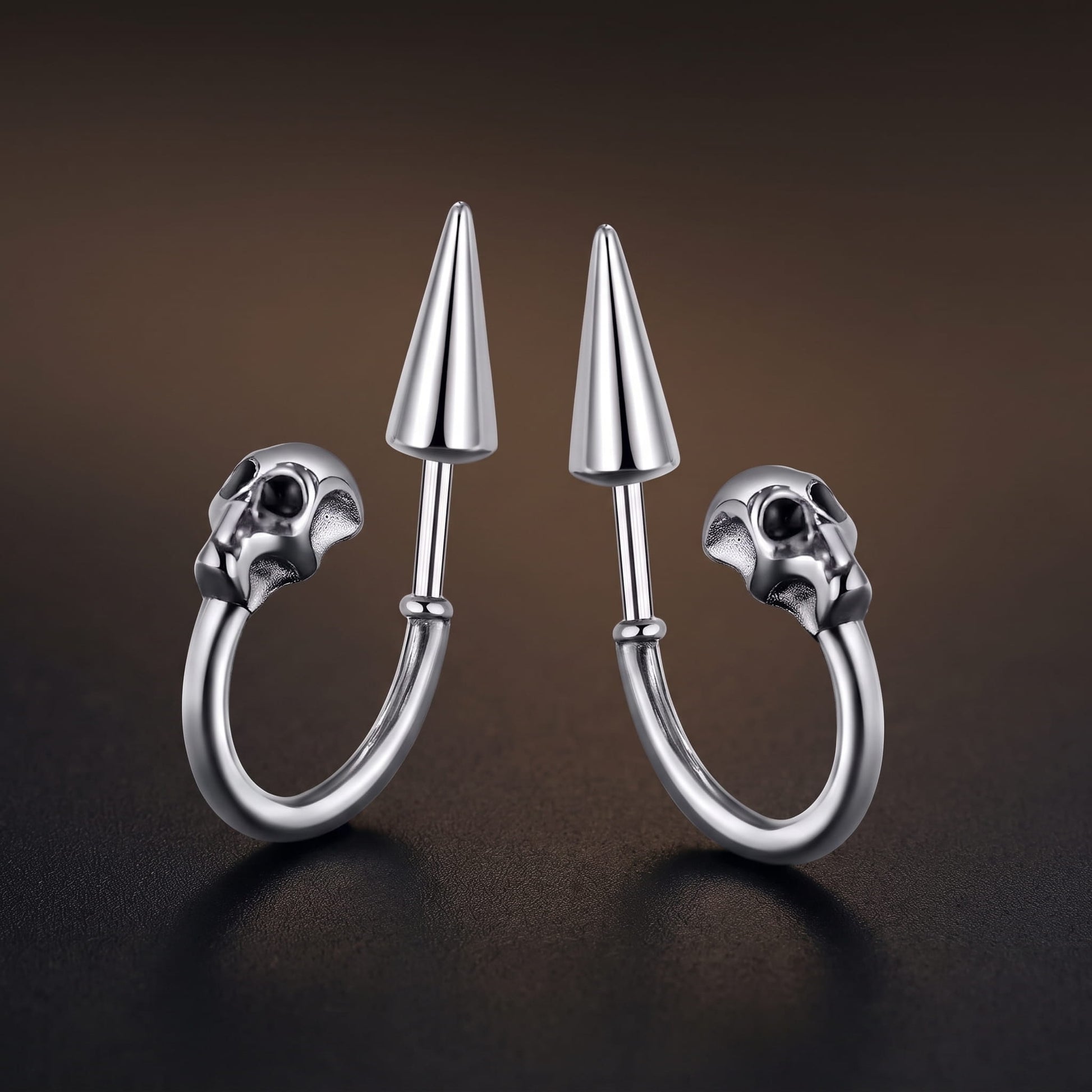 THE MEN THING Nose & Ear Ring Pair  (Both Ears) SKULLSCAPE - SILVER  - Pure Titanium Steel Ear Hoop Earrings for Men & Boys (2 Pcs)