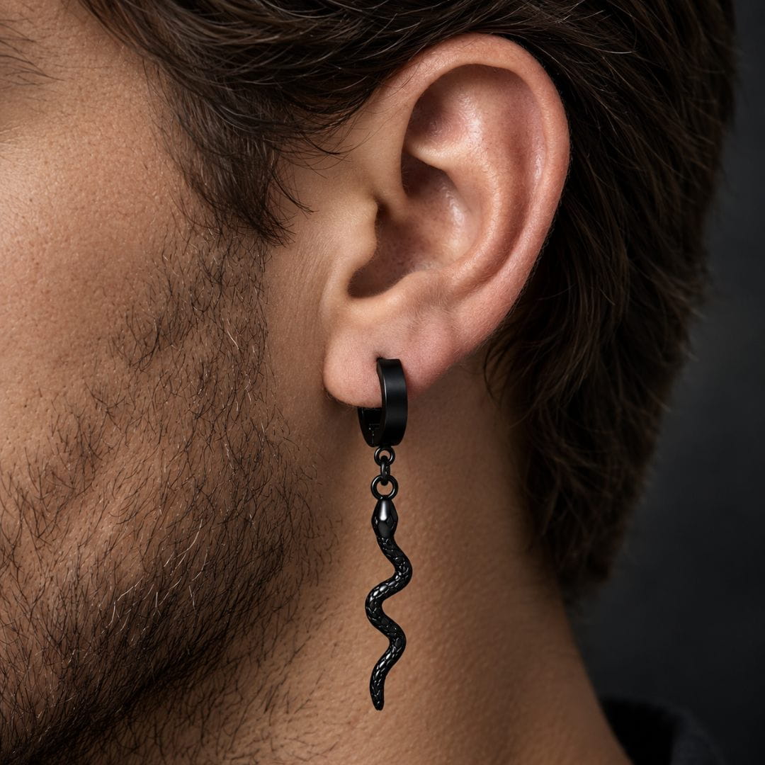 THE MEN THING Nose & Ear Ring Pair  (Both Ears) SNAKLET BLACK - Titanium Steel Hoop Earrings for Men & Boys (2 Pcs)