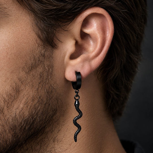 SNAKLET BLACK - Titanium Steel Hoop Earrings for Men & Boys (2 Pcs)