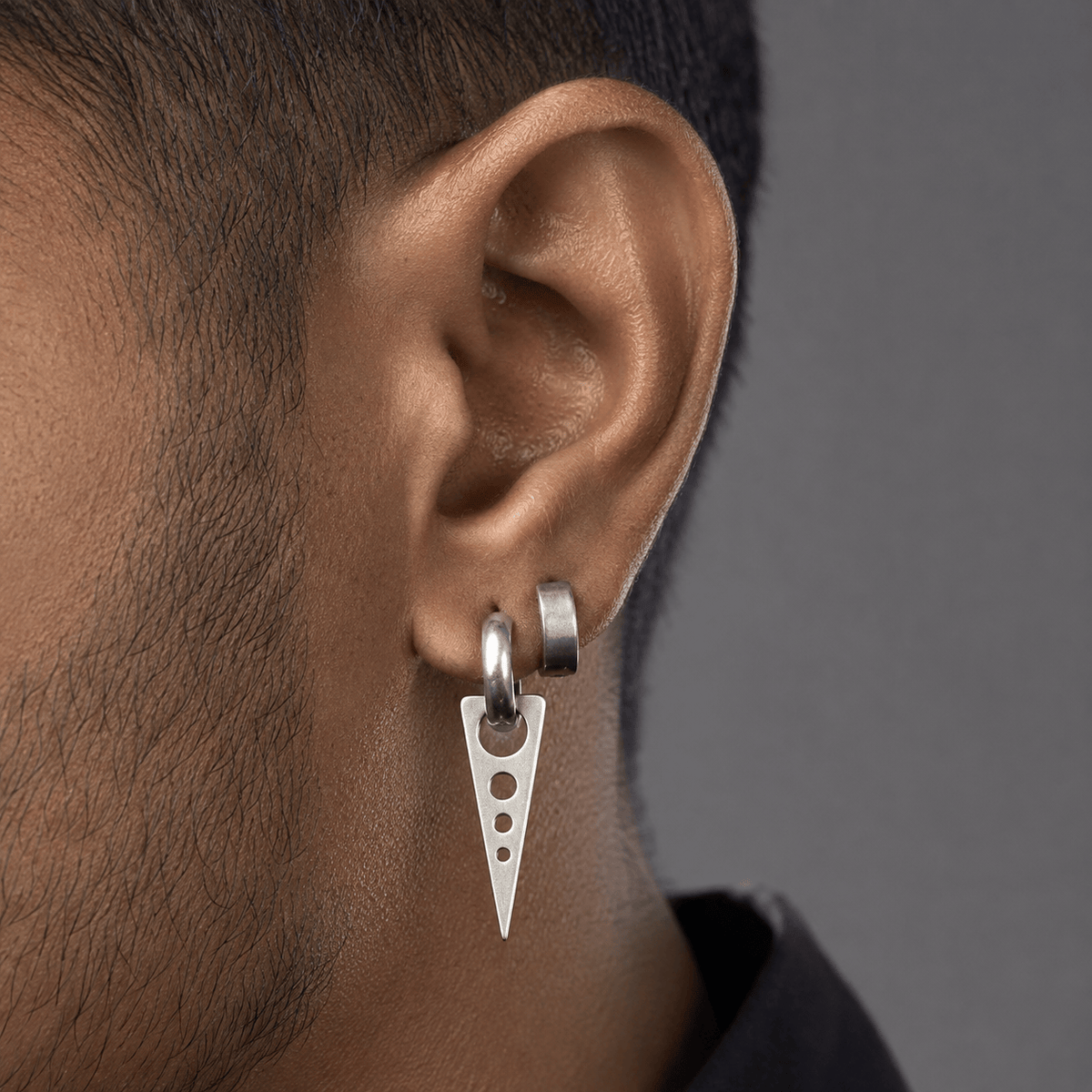 THE MEN THING Nose & Ear Ring Pair  (Both Ears) SPIKE DROP SILVER - Pure Titanium Steel Ear Hoop Earrings for Men & Boys (2 Pcs)