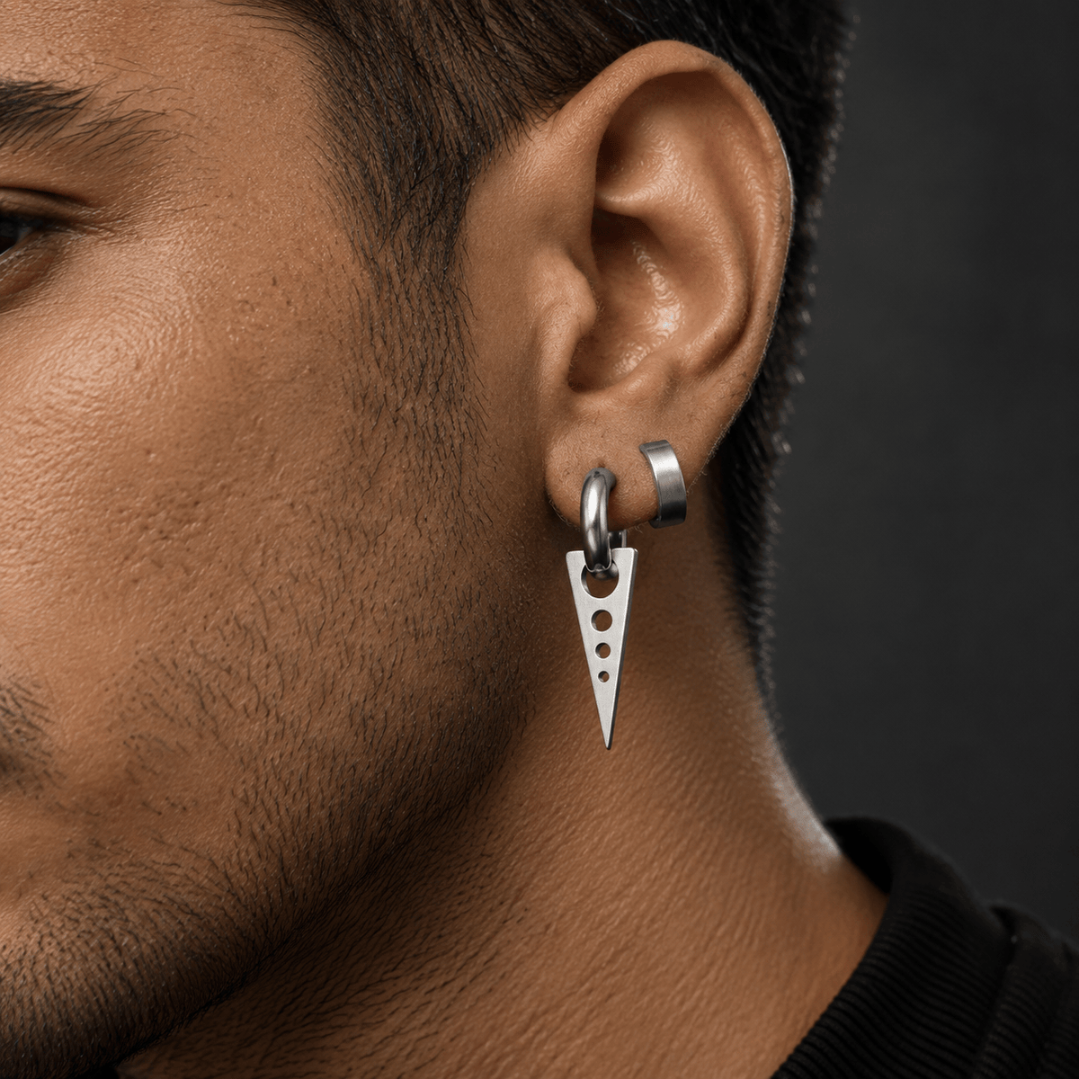 THE MEN THING Nose & Ear Ring Pair  (Both Ears) SPIKE DROP SILVER - Pure Titanium Steel Ear Hoop Earrings for Men & Boys (2 Pcs)