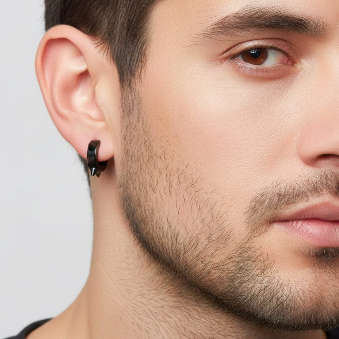 THE MEN THING Nose & Ear Ring Pair  (Both Ears) SPYRAL BLACK - Titanium Steel Stud Earrings for Men & Boys (2 Pcs)