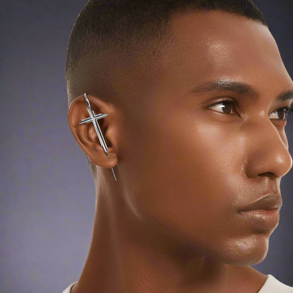 VINE CROSS - Pure Titanium Steel Ear Crawler Hook Pin Cuff Earrings for Men & Boys (2 Pcs)