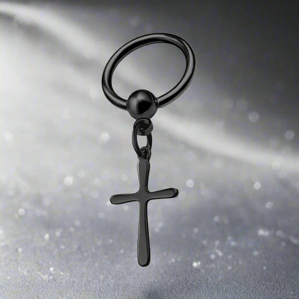 VOIDWALKER BLACK CROSS - Titanium Steel Hoop Earrings for Men & Boys (2 Pcs)