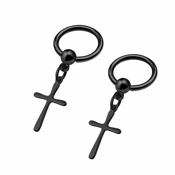 VOIDWALKER BLACK CROSS - Titanium Steel Hoop Earrings for Men & Boys (2 Pcs)