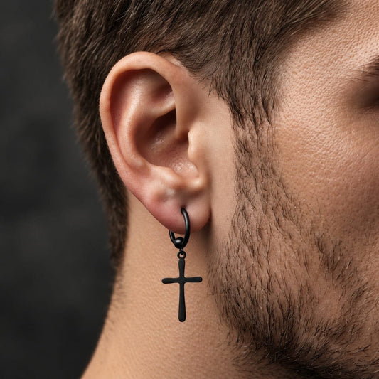 THE MEN THING Nose & Ear Ring Pair (Both Ears) VOIDWALKER BLACK CROSS - Titanium Steel Hoop Earrings for Men & Boys (2 Pcs)