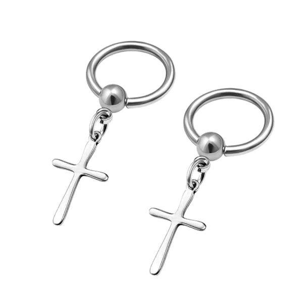 VOIDWALKER SILVER CROSS - Titanium Steel Hoop Earrings for Men & Boys (2 Pcs)