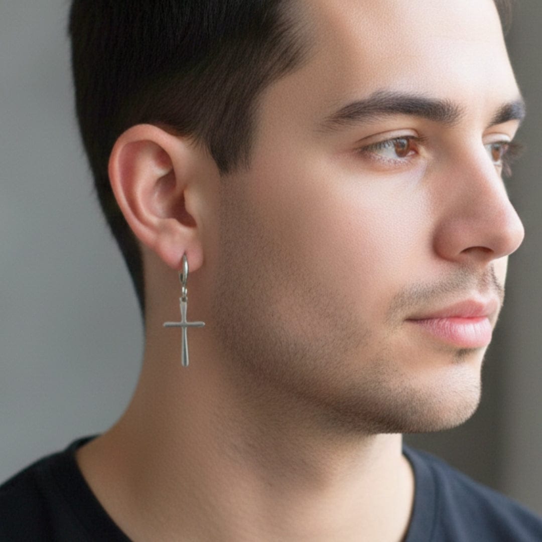 THE MEN THING Nose & Ear Ring Pair (Both Ears) VOIDWALKER SILVER CROSS - Titanium Steel Hoop Earrings for Men & Boys (2 Pcs)