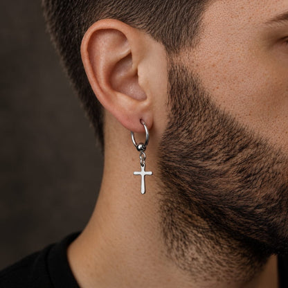 THE MEN THING Nose & Ear Ring Pair (Both Ears) VOIDWALKER SILVER CROSS - Titanium Steel Hoop Earrings for Men & Boys (2 Pcs)
