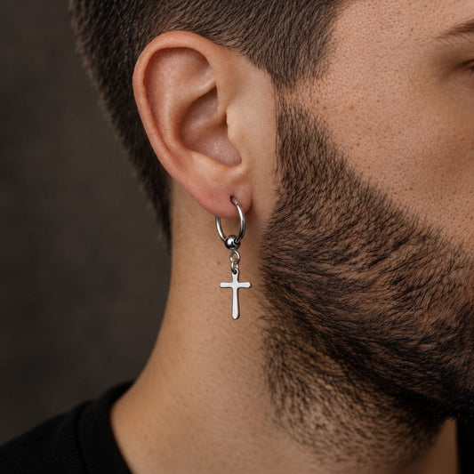THE MEN THING Nose & Ear Ring Pair (Both Ears) VOIDWALKER SILVER CROSS - Titanium Steel Hoop Earrings for Men & Boys (2 Pcs)