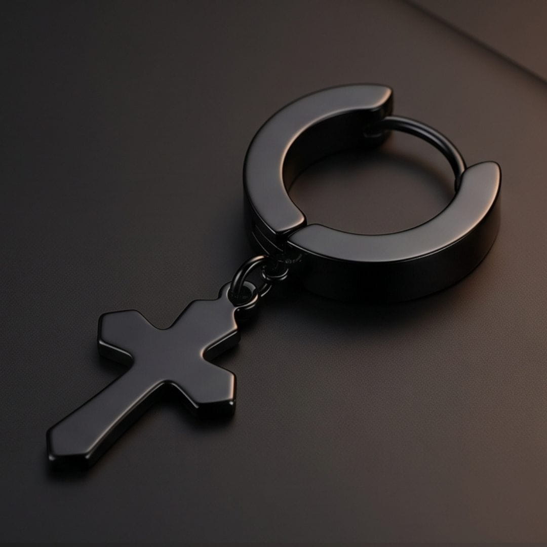 THE MEN THING Nose & Ear Ring RAVEN CROSS BLACK - Stainless Steel Cross Dangle Earring in Black for Men & Boys