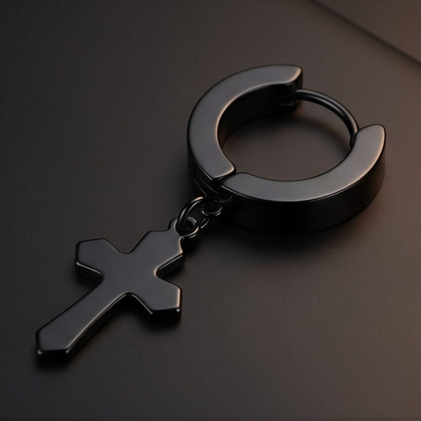 RAVEN CROSS BLACK - Stainless Steel Cross Dangle Earring in Black for Men & Boys