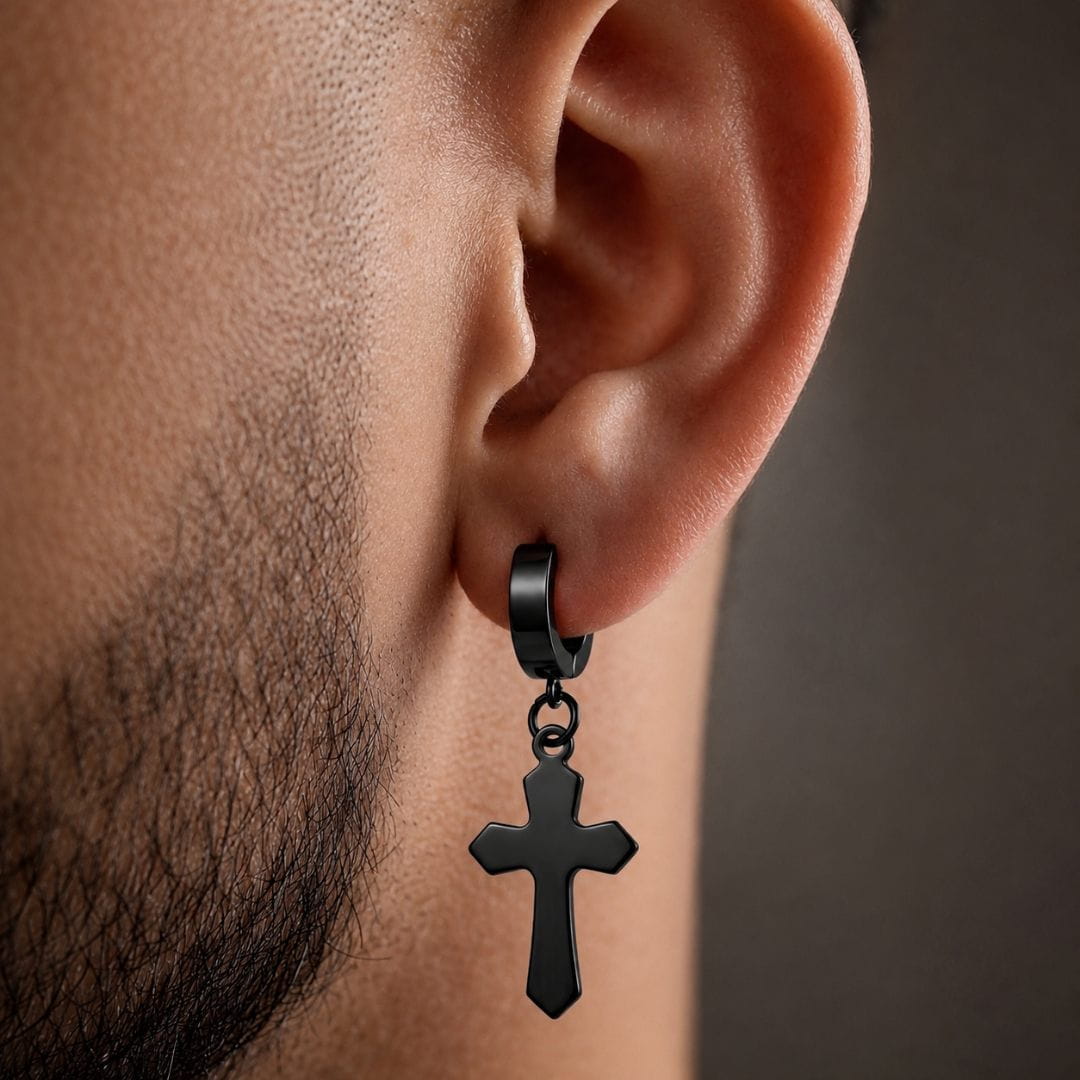 THE MEN THING Nose & Ear Ring RAVEN CROSS BLACK - Stainless Steel Cross Dangle Earring in Black for Men & Boys