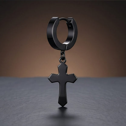 THE MEN THING Nose & Ear Ring RAVEN CROSS BLACK - Stainless Steel Cross Dangle Earring in Black for Men & Boys
