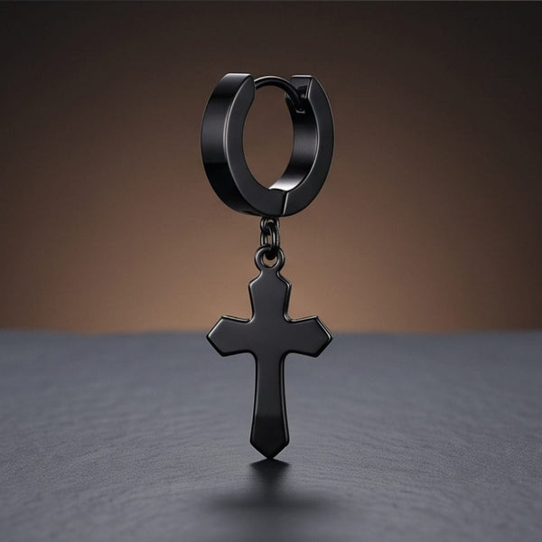 RAVEN CROSS BLACK - Stainless Steel Cross Dangle Earring in Black for Men & Boys
