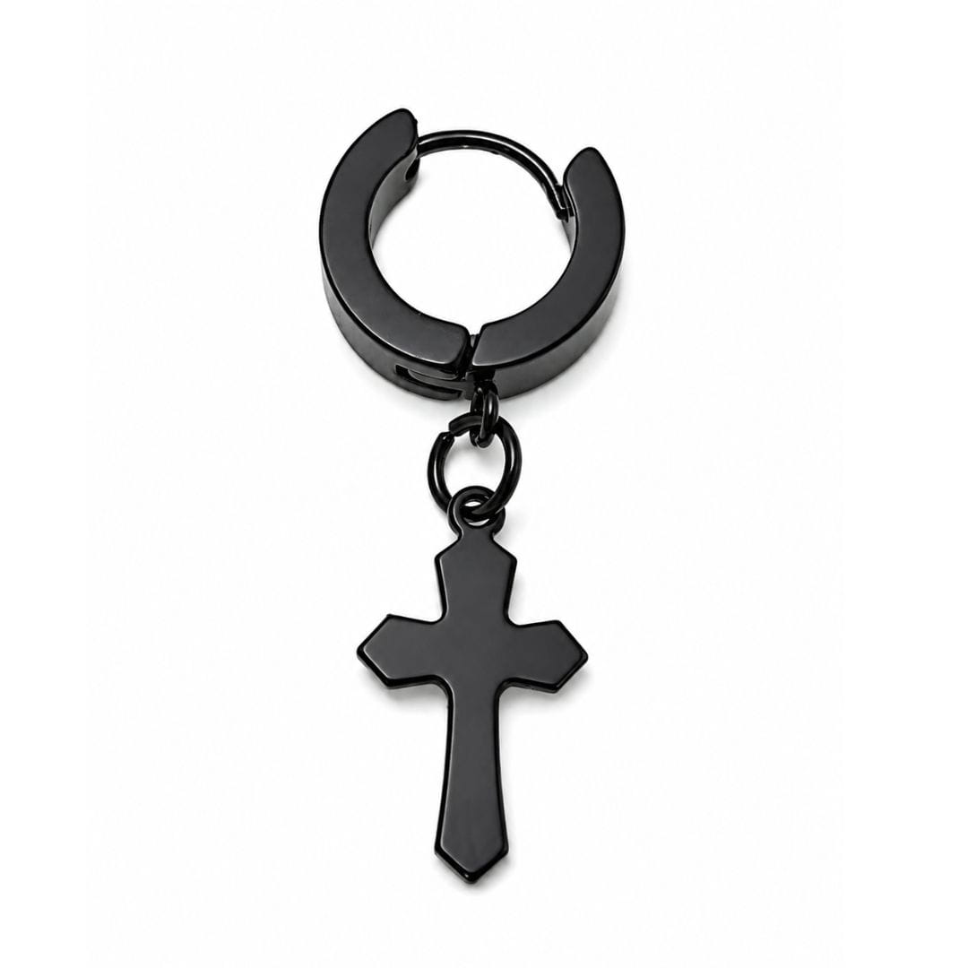 THE MEN THING Nose & Ear Ring RAVEN CROSS BLACK - Stainless Steel Cross Dangle Earring in Black for Men & Boys