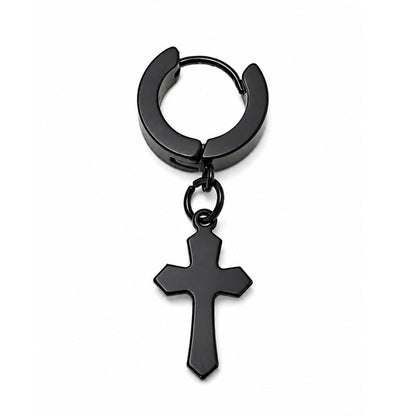 THE MEN THING Nose & Ear Ring RAVEN CROSS BLACK - Stainless Steel Cross Dangle Earring in Black for Men & Boys