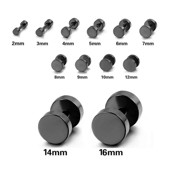 ROUND DUMBBELL - BLACK - Pure Titanium Steel Ear Hoop Earrings for Men & Boys (16mm to 2mm) (2 Pcs)