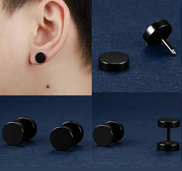 ROUND DUMBBELL - BLACK - Pure Titanium Steel Ear Hoop Earrings for Men & Boys (16mm to 2mm) (2 Pcs)