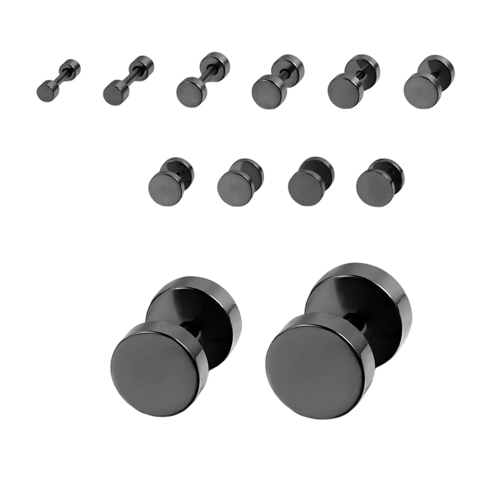 THE MEN THING Nose & Ear Ring ROUND DUMBBELL - BLACK - Pure Titanium Steel Ear Hoop Earrings for Men & Boys (16mm to 2mm) (2 Pcs)