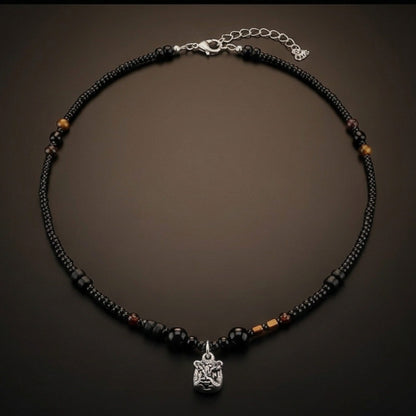 THE MEN THING Pearl / Bead Necklace ALPHA CORE – 10mm Titanium Steel Pendant with 9mm Beads  Natural Stone Mens & Boys (20-22 inch with adjustable cable chain)