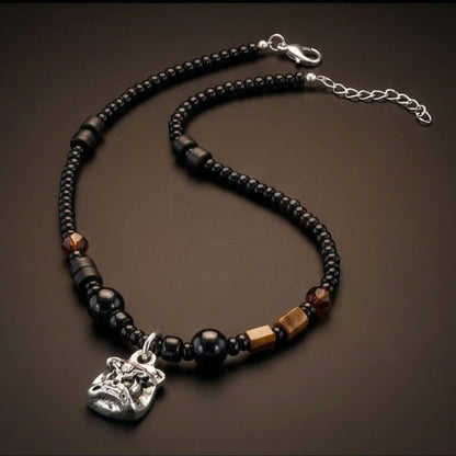 THE MEN THING Pearl / Bead Necklace ALPHA CORE – 10mm Titanium Steel Pendant with 9mm Beads  Natural Stone Mens & Boys (20-22 inch with adjustable cable chain)