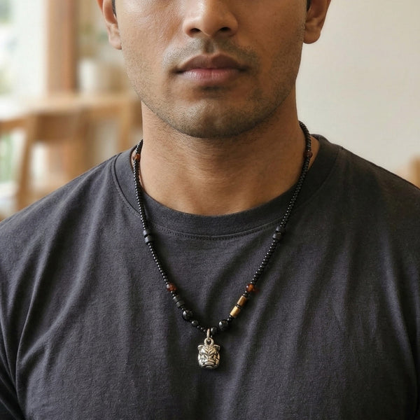 ALPHA CORE – 10mm Titanium Steel Pendant with 9mm Beads  Natural Stone Mens & Boys (20-22 inch with adjustable cable chain)