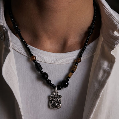 THE MEN THING Pearl / Bead Necklace ALPHA CORE – 10mm Titanium Steel Pendant with 9mm Beads  Natural Stone Mens & Boys (20-22 inch with adjustable cable chain)