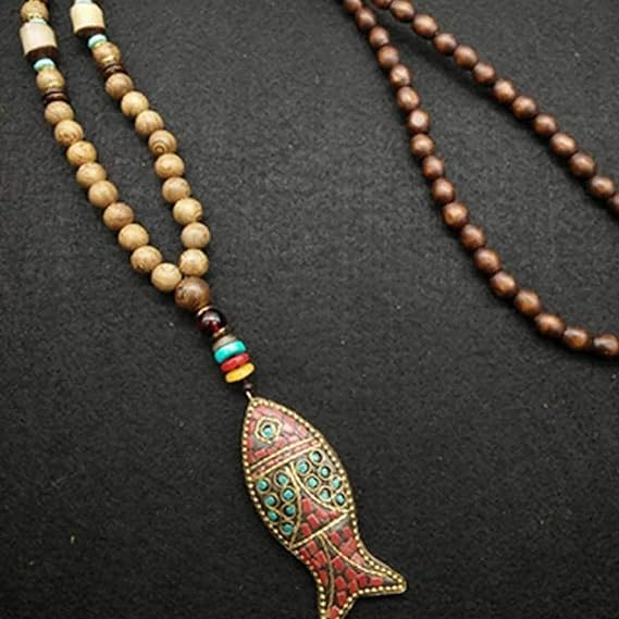 बोहेमियन वुड फिश - हॉर्न फिश पेंडेंट के साथ हस्तनिर्मित लकड़ी के मनके का हार, पुरुषों और लड़कों के लिए लंबा हार (36 इंच)