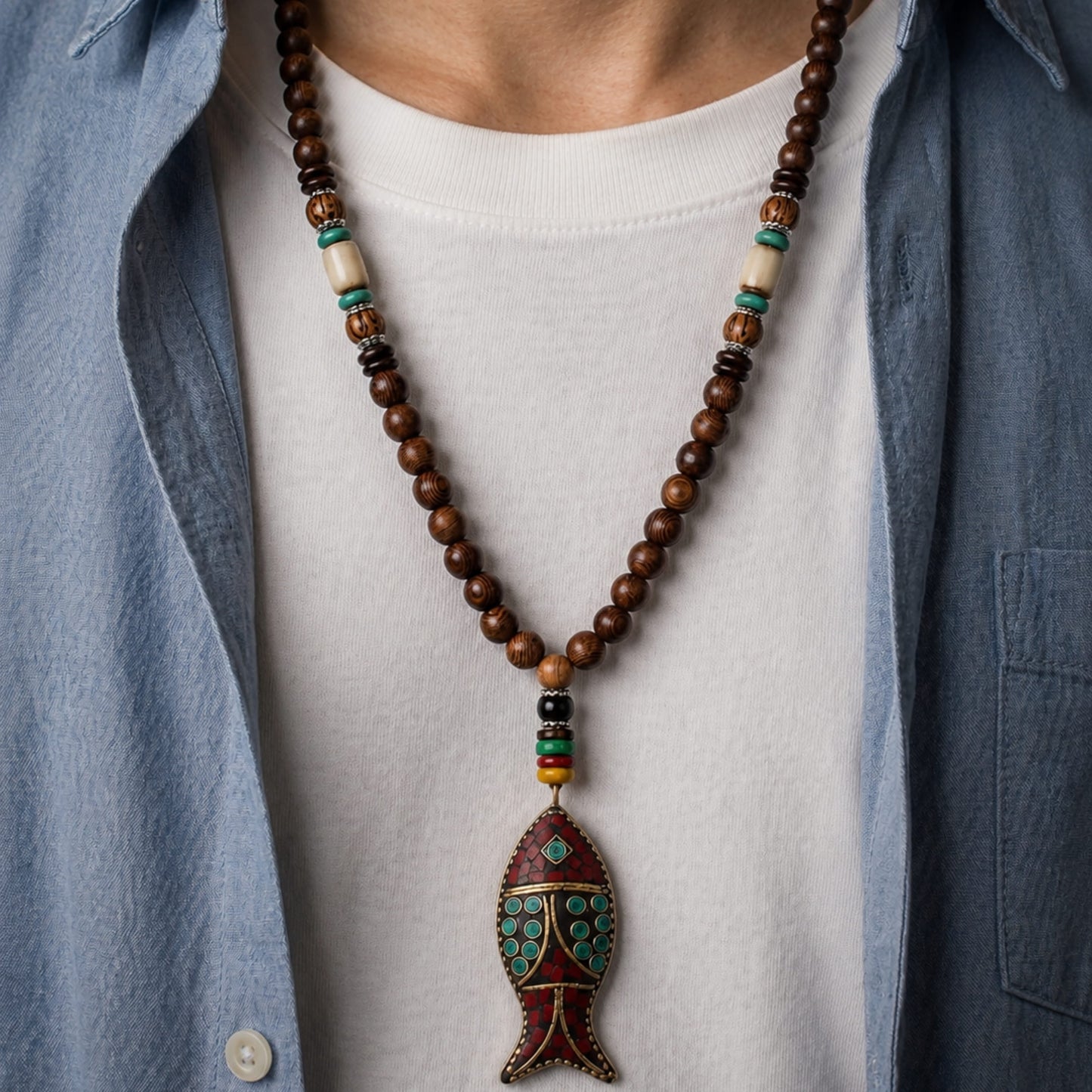 THE MEN THING Pearl / Bead Necklace BOHEMIAN WOOD FISH - Handmade Wood Bead Necklace with Horn Fish Pendant, Long Necklace for Men & Boys  (36 Inch)