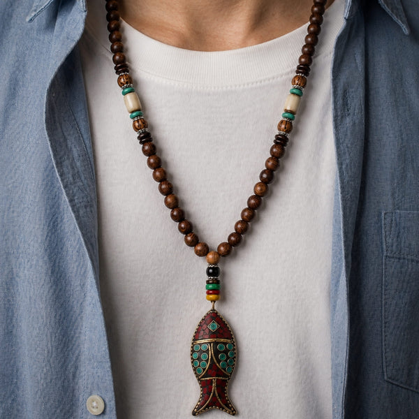 BOHEMIAN WOOD FISH - Handmade Wood Bead Necklace with Horn Fish Pendant, Long Necklace for Men & Boys  (36 Inch)
