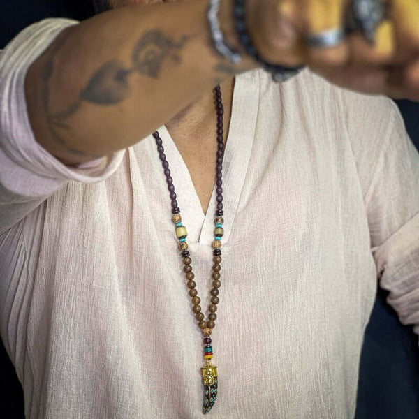 बोहेमियन लकड़ी गणेश - पुरुषों और लड़कों के लिए गणेश लटकन लंबे हार के साथ हस्तनिर्मित लकड़ी के मोती का हार (36 इंच)